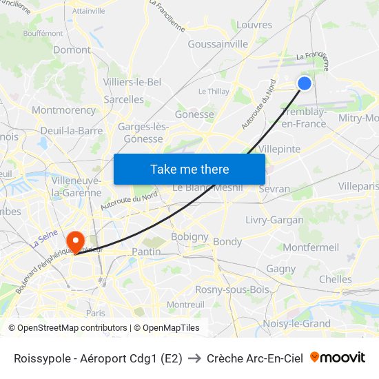 Roissypole - Aéroport Cdg1 (E2) to Crèche Arc-En-Ciel map