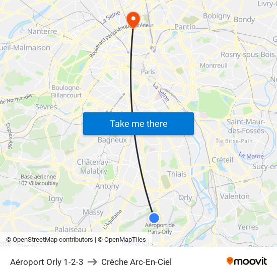 Aéroport Orly 1-2-3 to Crèche Arc-En-Ciel map