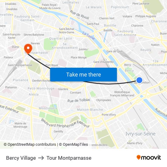 Bercy Village to Tour Montparnasse map