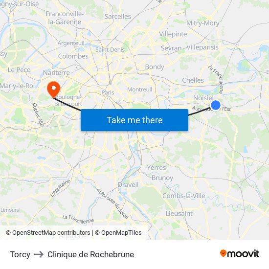 Torcy to Clinique de Rochebrune map