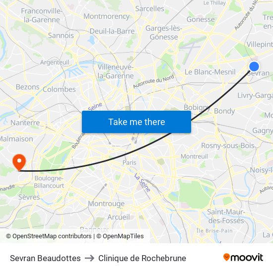 Sevran Beaudottes to Clinique de Rochebrune map