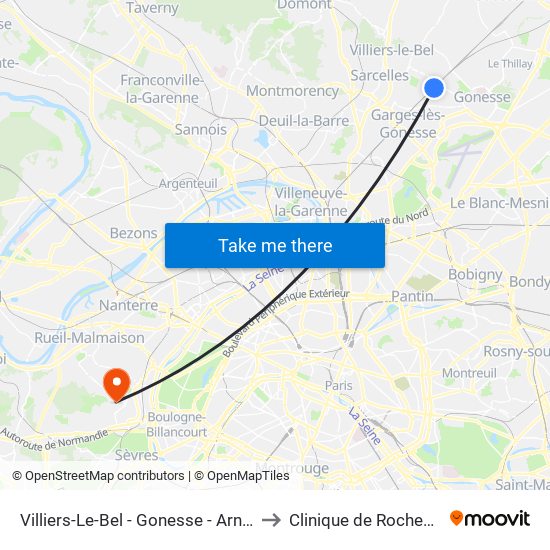 Villiers-Le-Bel - Gonesse - Arnouville to Clinique de Rochebrune map