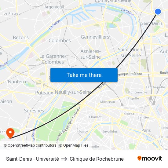 Saint-Denis - Université to Clinique de Rochebrune map