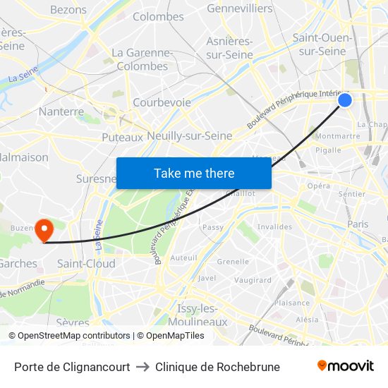 Porte de Clignancourt to Clinique de Rochebrune map