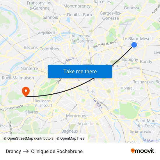 Drancy to Clinique de Rochebrune map