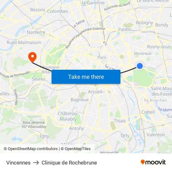 Vincennes to Clinique de Rochebrune map