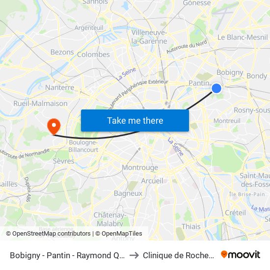 Bobigny - Pantin - Raymond Queneau to Clinique de Rochebrune map