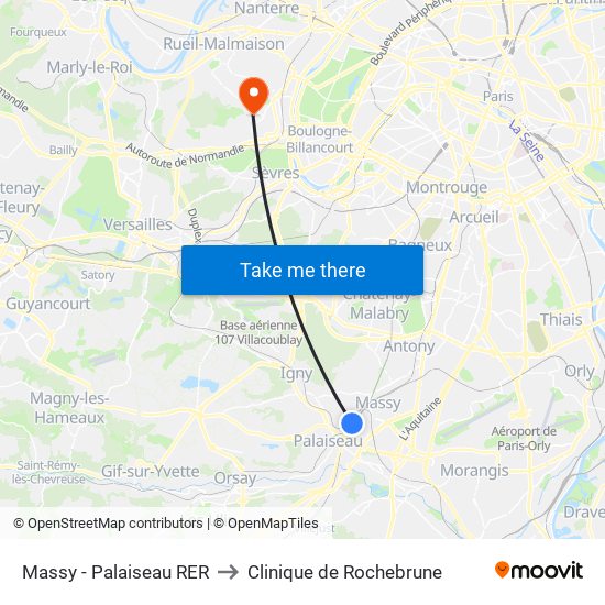 Massy - Palaiseau RER to Clinique de Rochebrune map