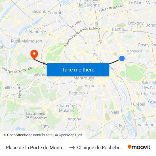 Place de la Porte de Montreuil to Clinique de Rochebrune map