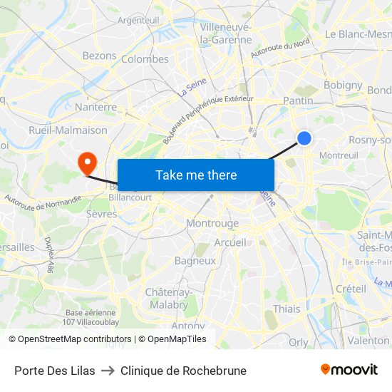 Porte Des Lilas to Clinique de Rochebrune map