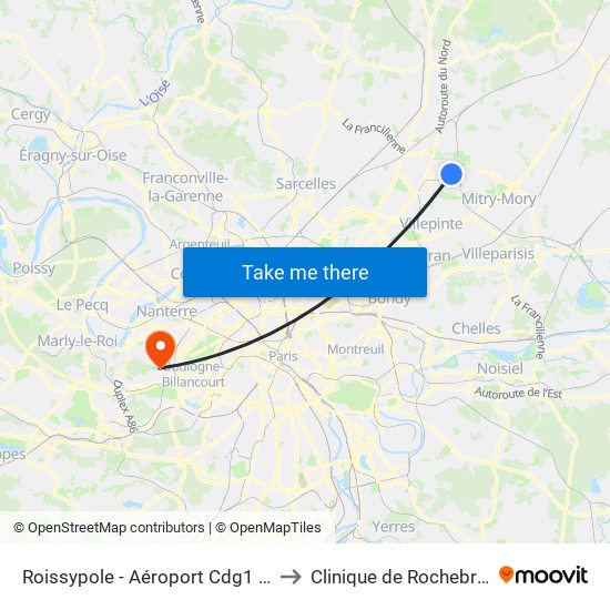 Roissypole - Aéroport Cdg1 (G1) to Clinique de Rochebrune map