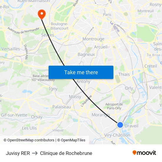 Juvisy RER to Clinique de Rochebrune map