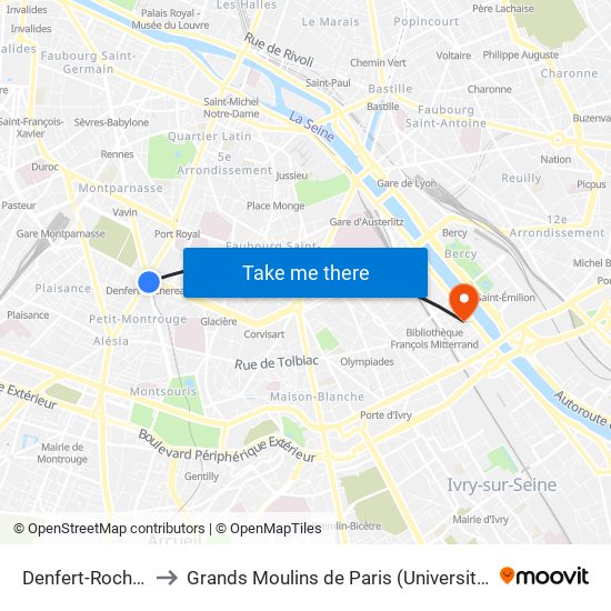 Denfert-Rochereau to Grands Moulins de Paris (Université de Paris) map