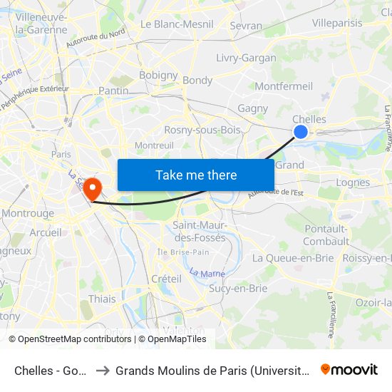 Chelles - Gournay to Grands Moulins de Paris (Université de Paris) map
