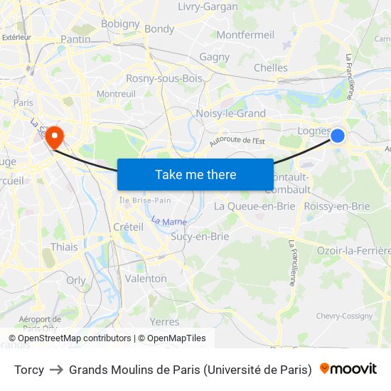 Torcy to Grands Moulins de Paris (Université de Paris) map