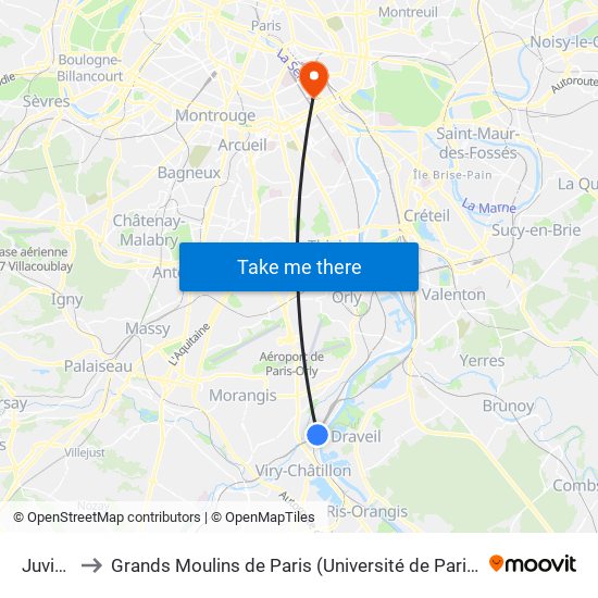 Juvisy to Grands Moulins de Paris (Université de Paris) map