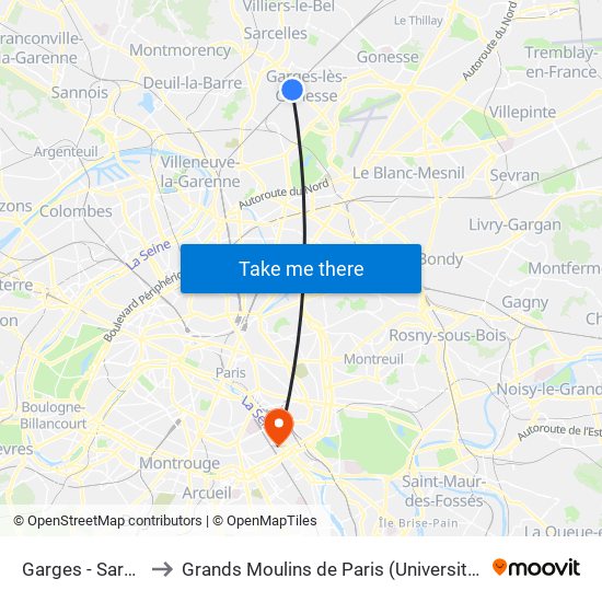 Garges - Sarcelles to Grands Moulins de Paris (Université de Paris) map