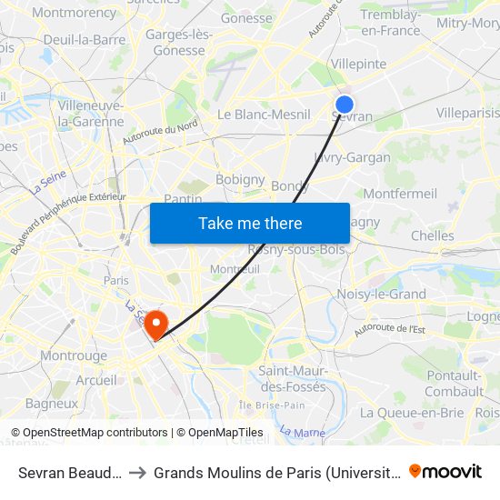 Sevran Beaudottes to Grands Moulins de Paris (Université de Paris) map
