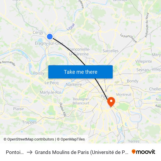 Pontoise to Grands Moulins de Paris (Université de Paris) map