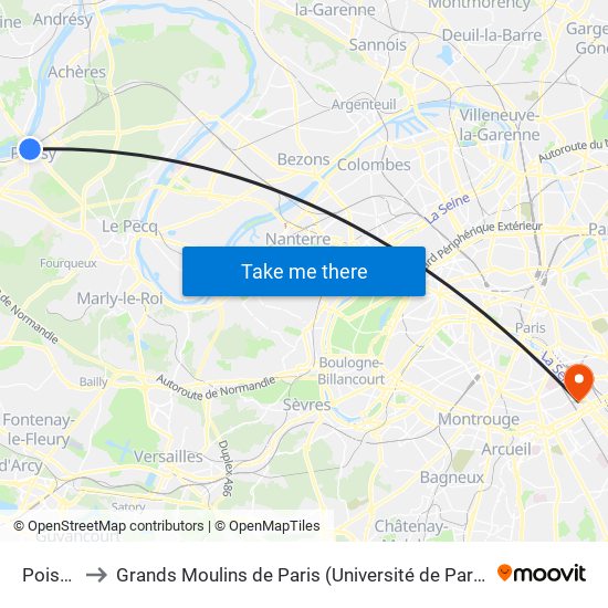 Poissy to Grands Moulins de Paris (Université de Paris) map
