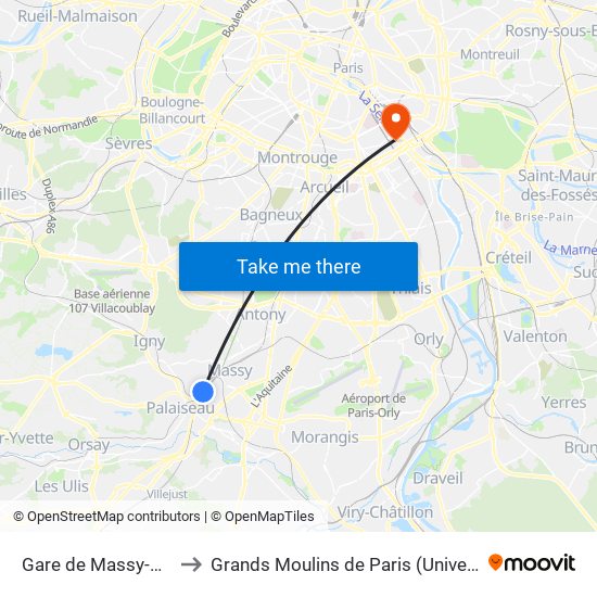 Gare de Massy-Palaiseau to Grands Moulins de Paris (Université de Paris) map