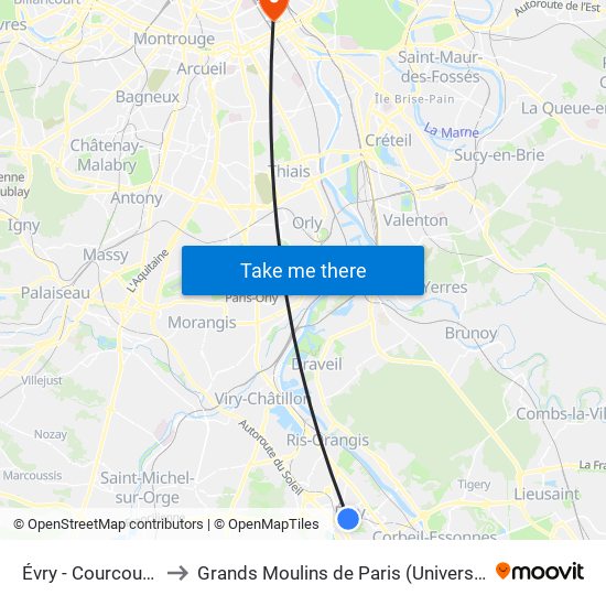Évry - Courcouronnes to Grands Moulins de Paris (Université de Paris) map
