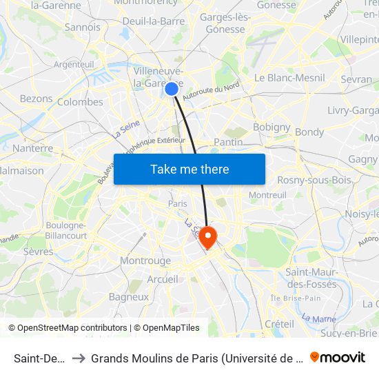 Saint-Denis to Grands Moulins de Paris (Université de Paris) map