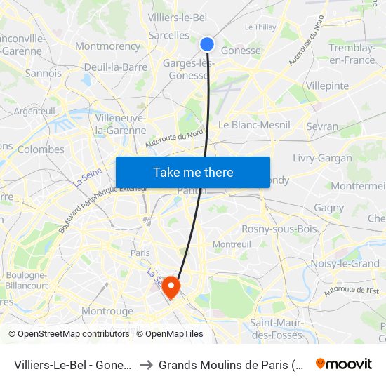 Villiers-Le-Bel - Gonesse - Arnouville to Grands Moulins de Paris (Université de Paris) map