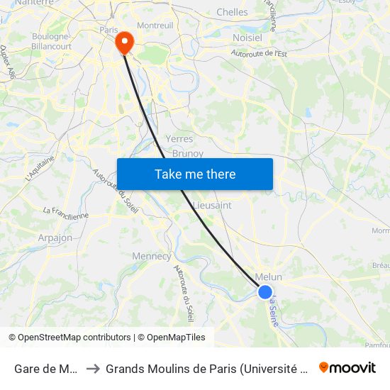 Gare de Melun to Grands Moulins de Paris (Université de Paris) map