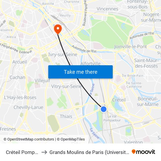 Créteil Pompadour to Grands Moulins de Paris (Université de Paris) map