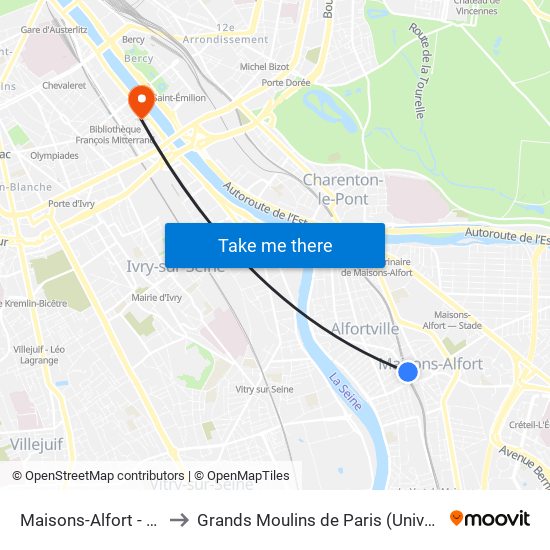 Maisons-Alfort - Alfortville to Grands Moulins de Paris (Université de Paris) map