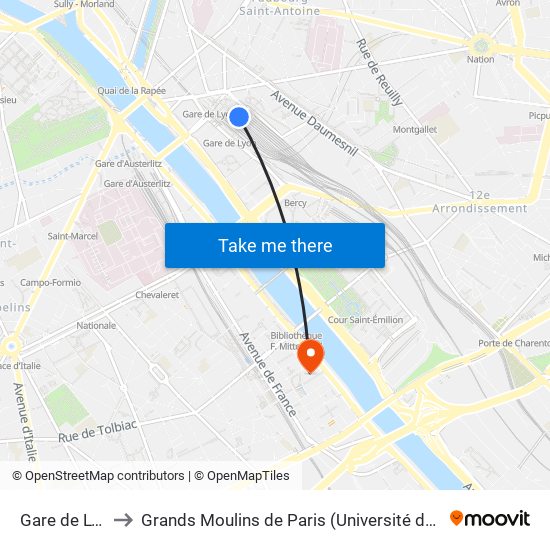 Gare de Lyon to Grands Moulins de Paris (Université de Paris) map