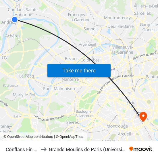 Conflans Fin D'Oise to Grands Moulins de Paris (Université de Paris) map