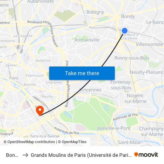 Bondy to Grands Moulins de Paris (Université de Paris) map
