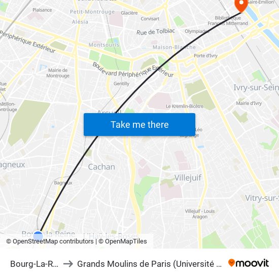 Bourg-La-Reine to Grands Moulins de Paris (Université de Paris) map