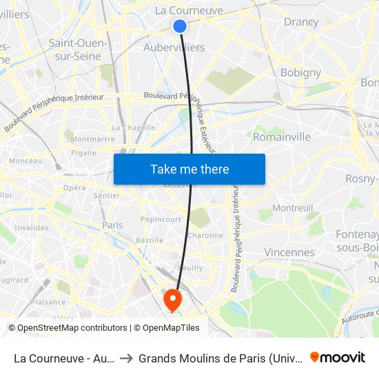 La Courneuve - Aubervilliers to Grands Moulins de Paris (Université de Paris) map