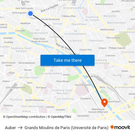 Auber to Grands Moulins de Paris (Université de Paris) map