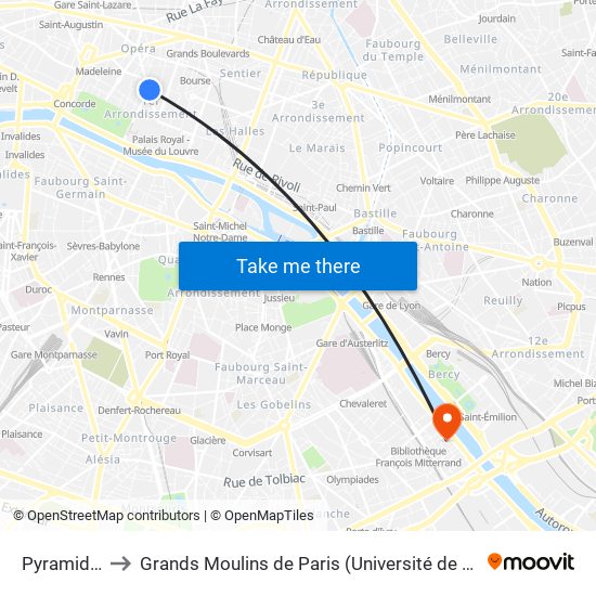 Pyramides to Grands Moulins de Paris (Université de Paris) map
