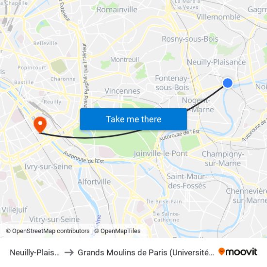 Neuilly-Plaisance to Grands Moulins de Paris (Université de Paris) map