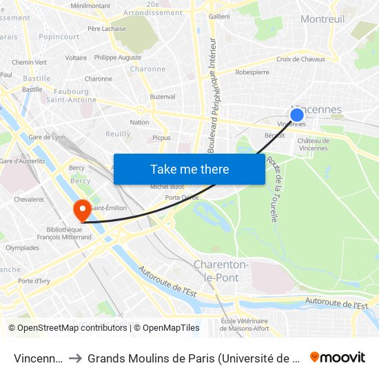 Vincennes to Grands Moulins de Paris (Université de Paris) map