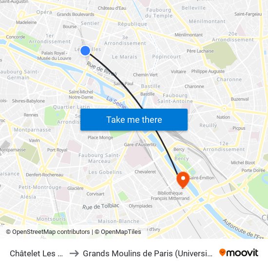 Châtelet Les Halles to Grands Moulins de Paris (Université de Paris) map