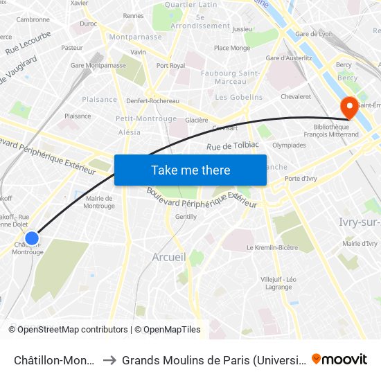 Châtillon-Montrouge to Grands Moulins de Paris (Université de Paris) map