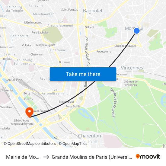 Mairie de Montreuil to Grands Moulins de Paris (Université de Paris) map