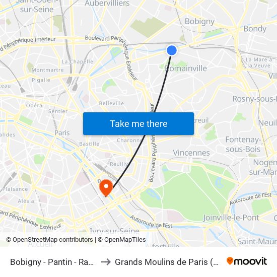 Bobigny - Pantin - Raymond Queneau to Grands Moulins de Paris (Université de Paris) map