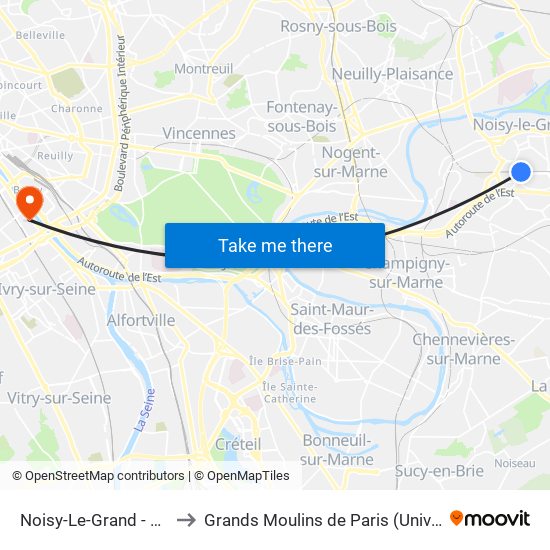 Noisy-Le-Grand - Mont D'Est to Grands Moulins de Paris (Université de Paris) map