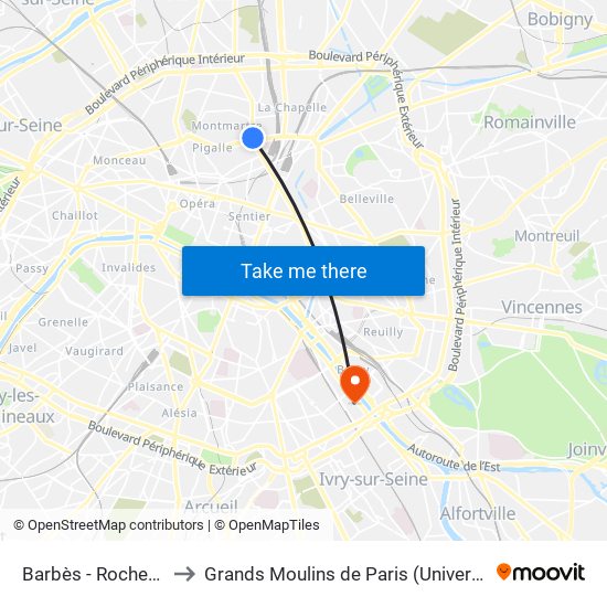 Barbès - Rochechouart to Grands Moulins de Paris (Université de Paris) map