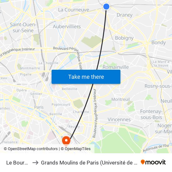 Le Bourget to Grands Moulins de Paris (Université de Paris) map