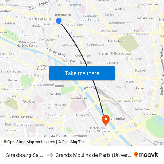 Strasbourg-Saint-Denis to Grands Moulins de Paris (Université de Paris) map