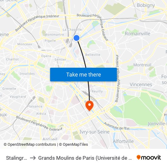 Stalingrad to Grands Moulins de Paris (Université de Paris) map