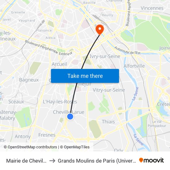 Mairie de Chevilly-Larue to Grands Moulins de Paris (Université de Paris) map